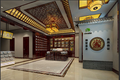 共青城古朴典雅的中式茶叶店大堂设计效果图